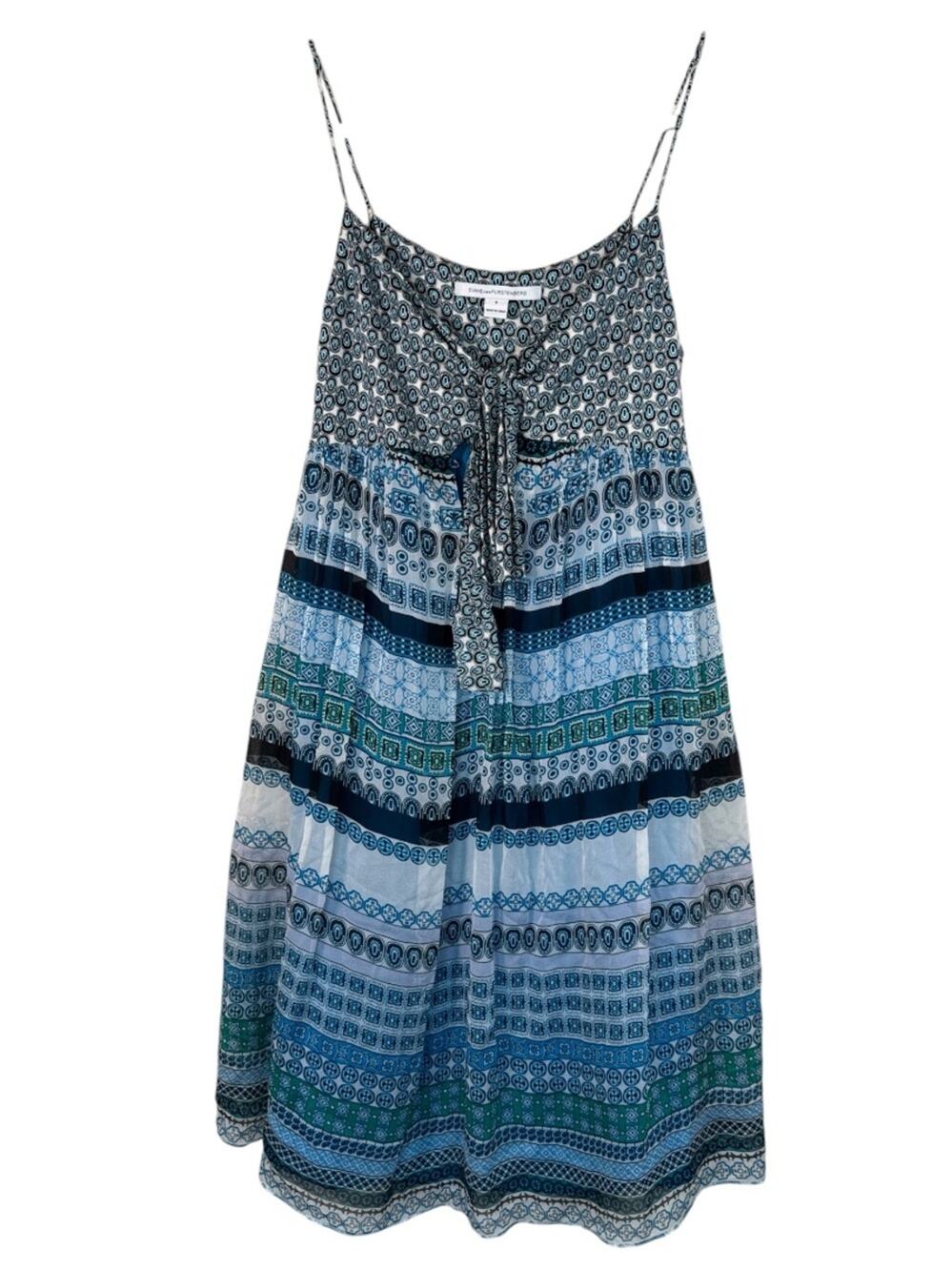Diane Von Furstenberg Blue Printed Silk Mini Summer Dress Womens 6 Boho Luxury